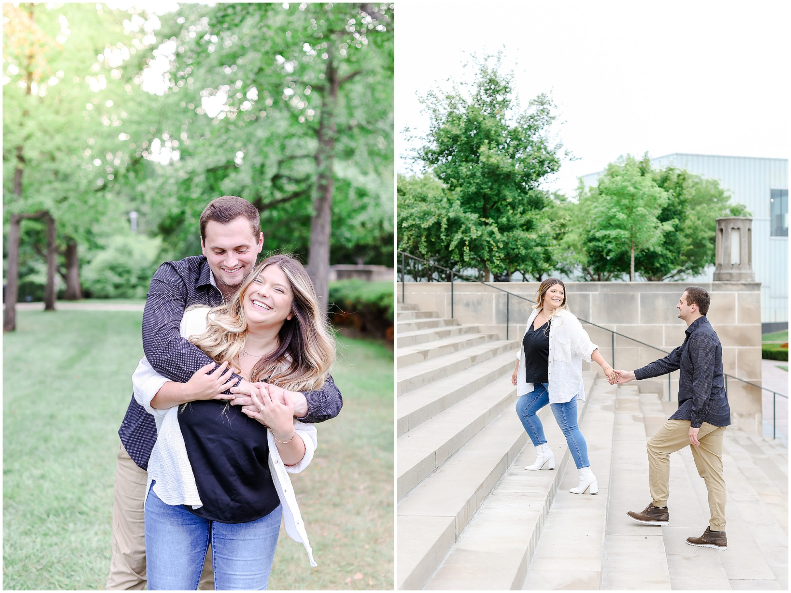 KC Engagement Session for Molly & Austin at the Kansas City Nelson Atkins Museum - Hotel Kansas City Wedding Venue - Where to Get Married in Kansas - Family Portrait Photography - walking up stairs and hugging 