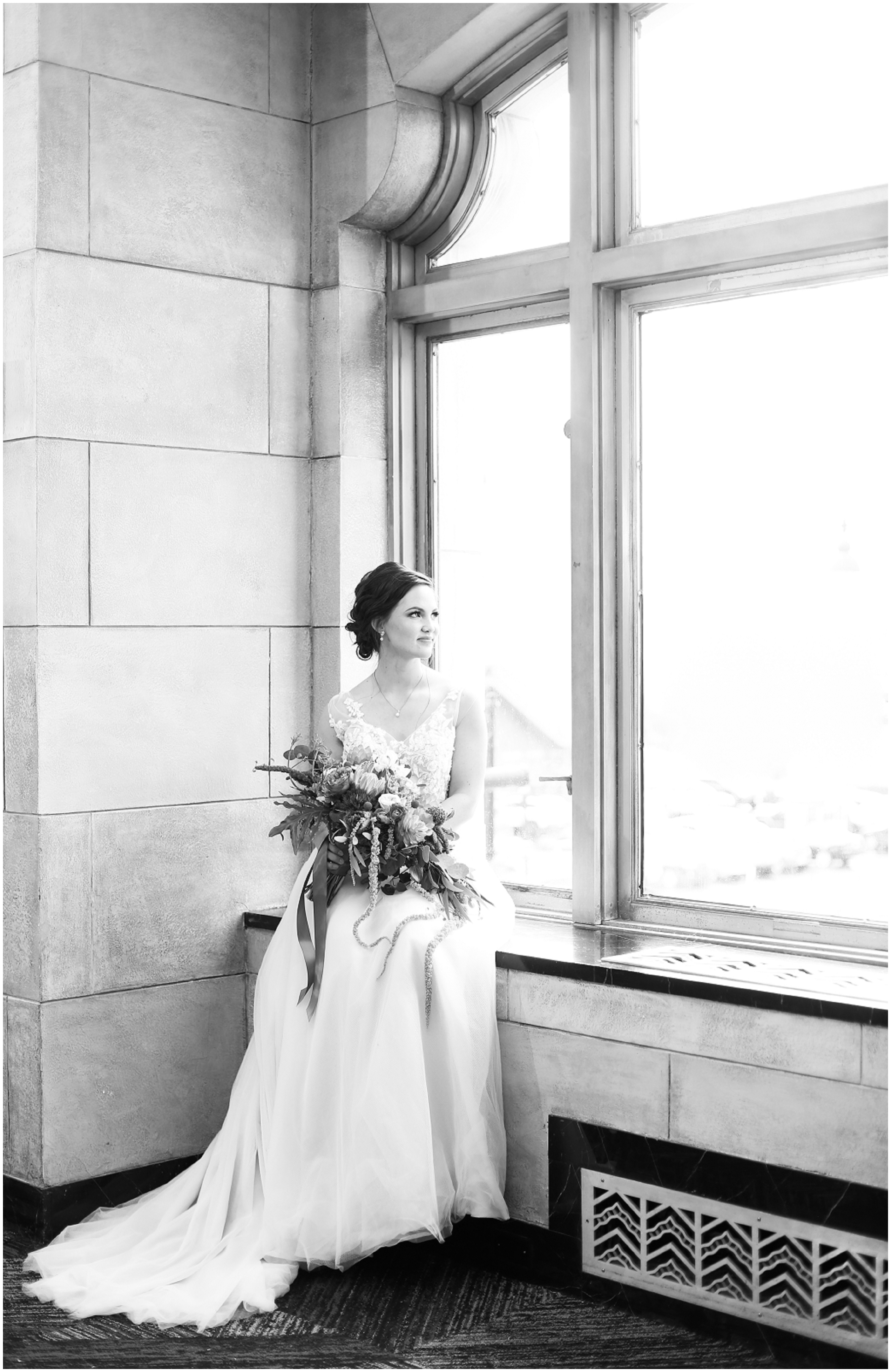 bride at window black and white - Grand Hall Wedding in Kansas City - Wedding Photography - Kansas City Best Wedding Photographer - Overland Park Wedding Photographer - The Grand Hall KC