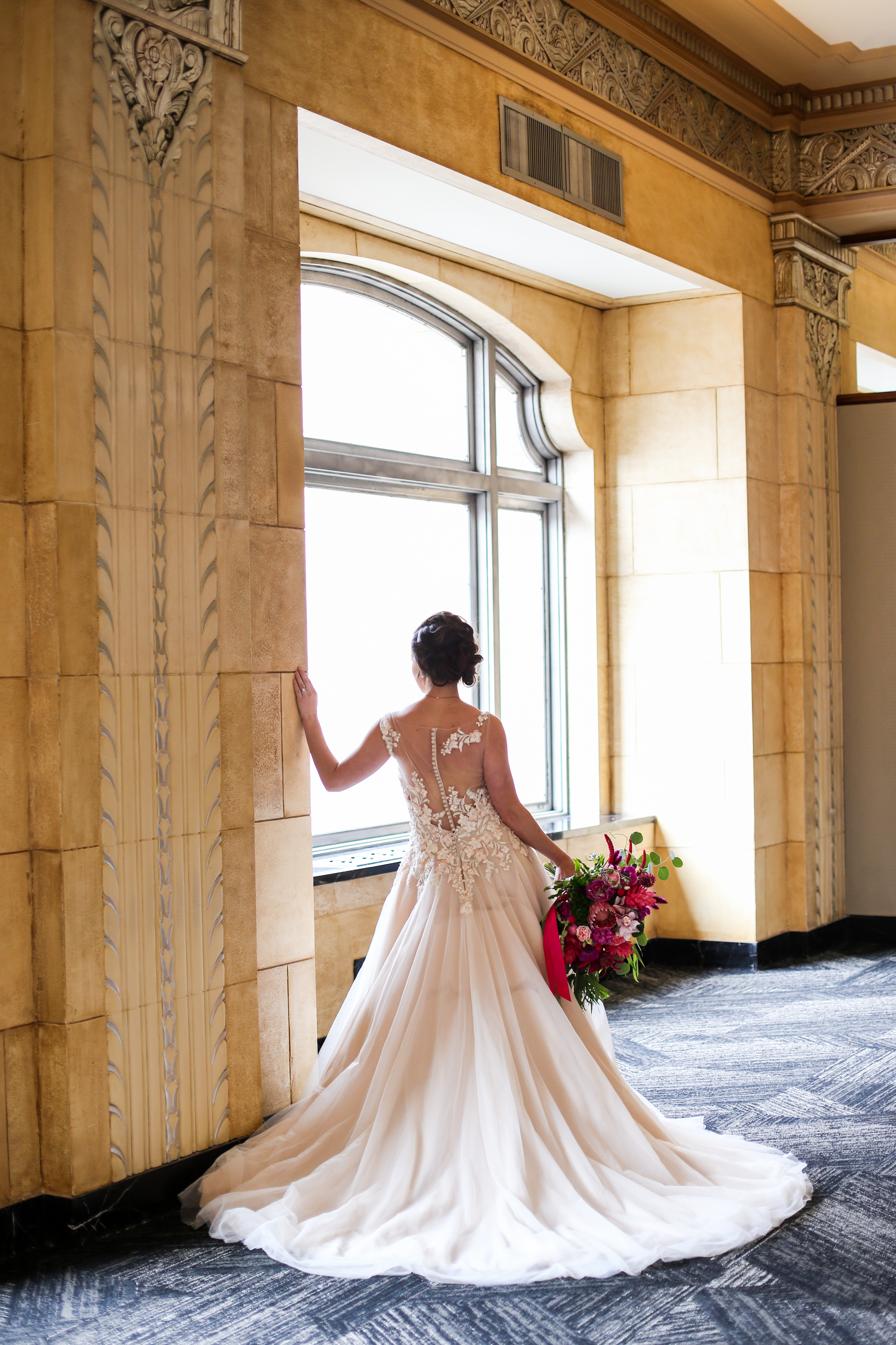 Beautiful Elegant Wedding Dress Full Length  at the Grand Hall wedding venue in kansas city - Best Wedding Photographer - Kansas City Portrait & Wedding Photography - Mariam Saifan