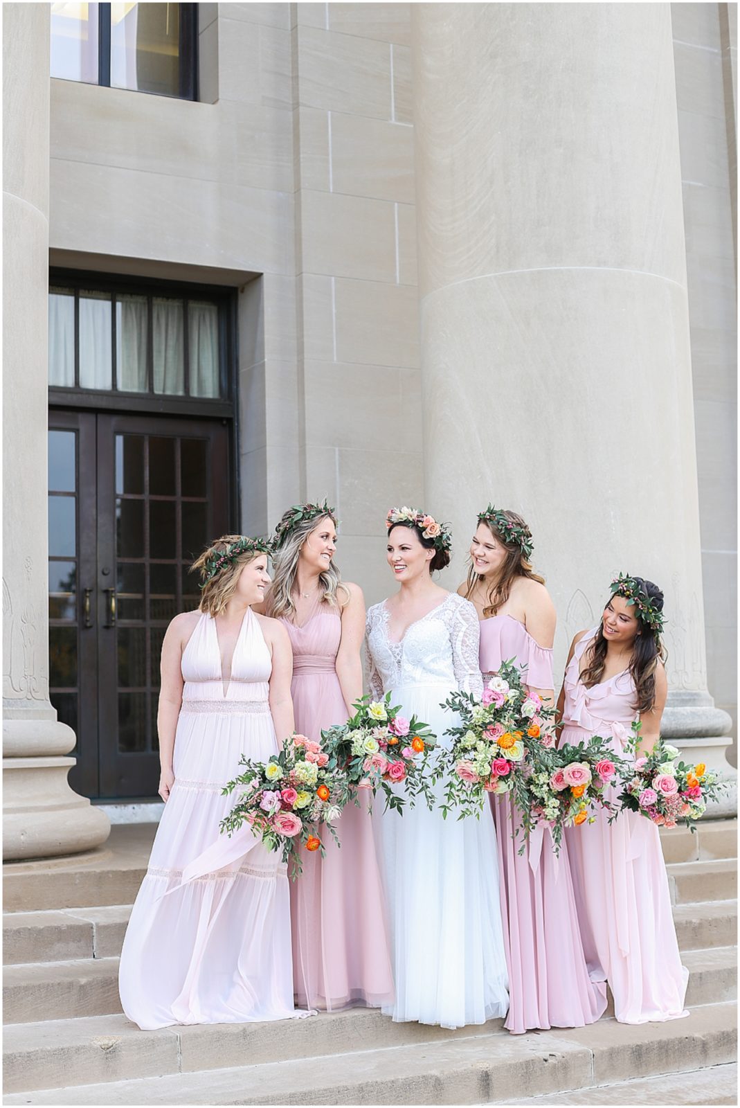 bridal party poses ideas bridal party at nelson atkins museum in kansas city - wedding photographer mariam saifan - blush dresses - boho flower crown