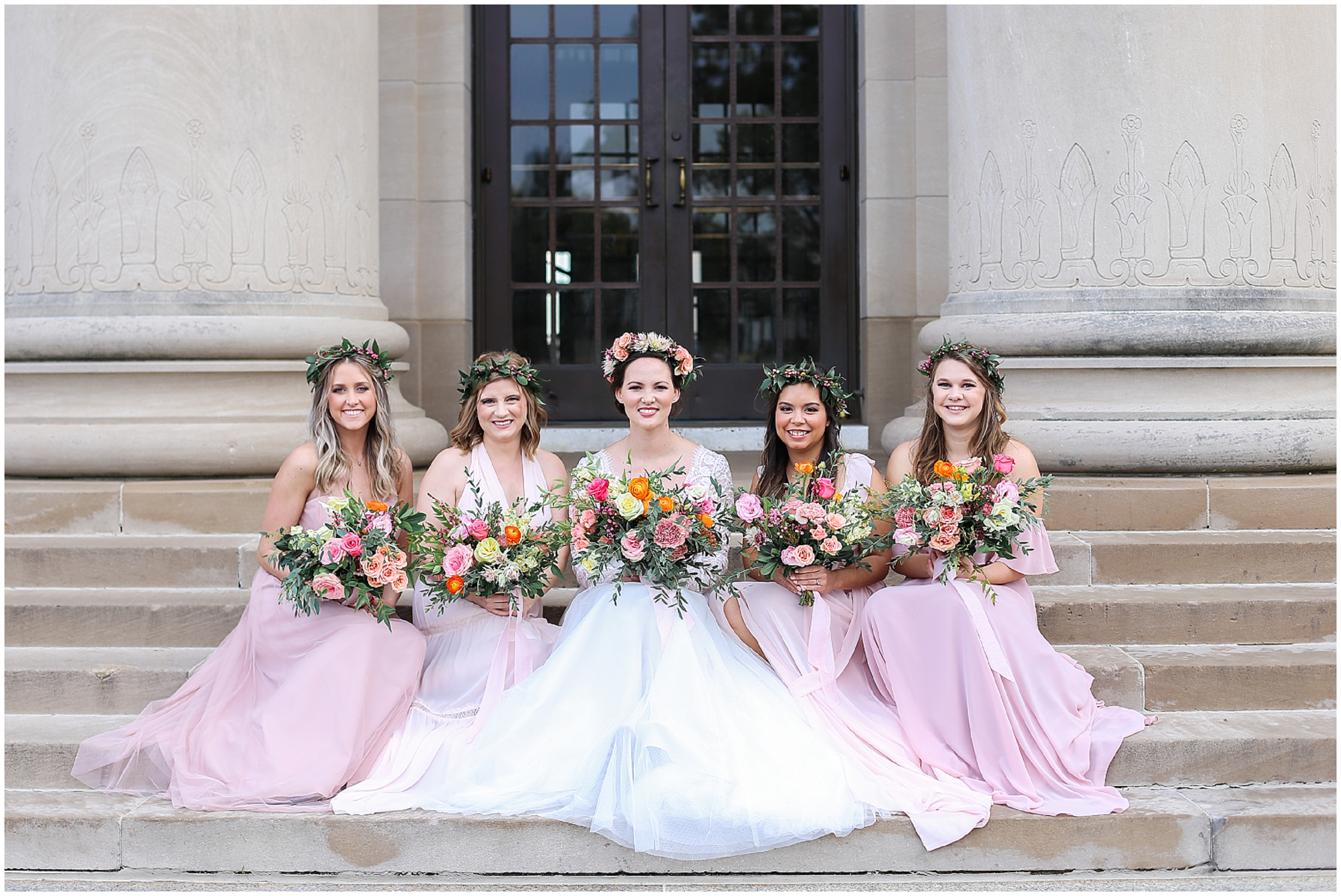 bridal party at nelson atkins museum in kansas city - wedding photographer mariam saifan - blush dresses - boho flower crown