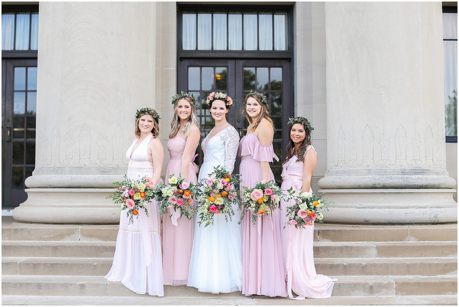 bridal party at nelson atkins museum in kansas city - wedding photographer mariam saifan - blush dresses - boho flower crown