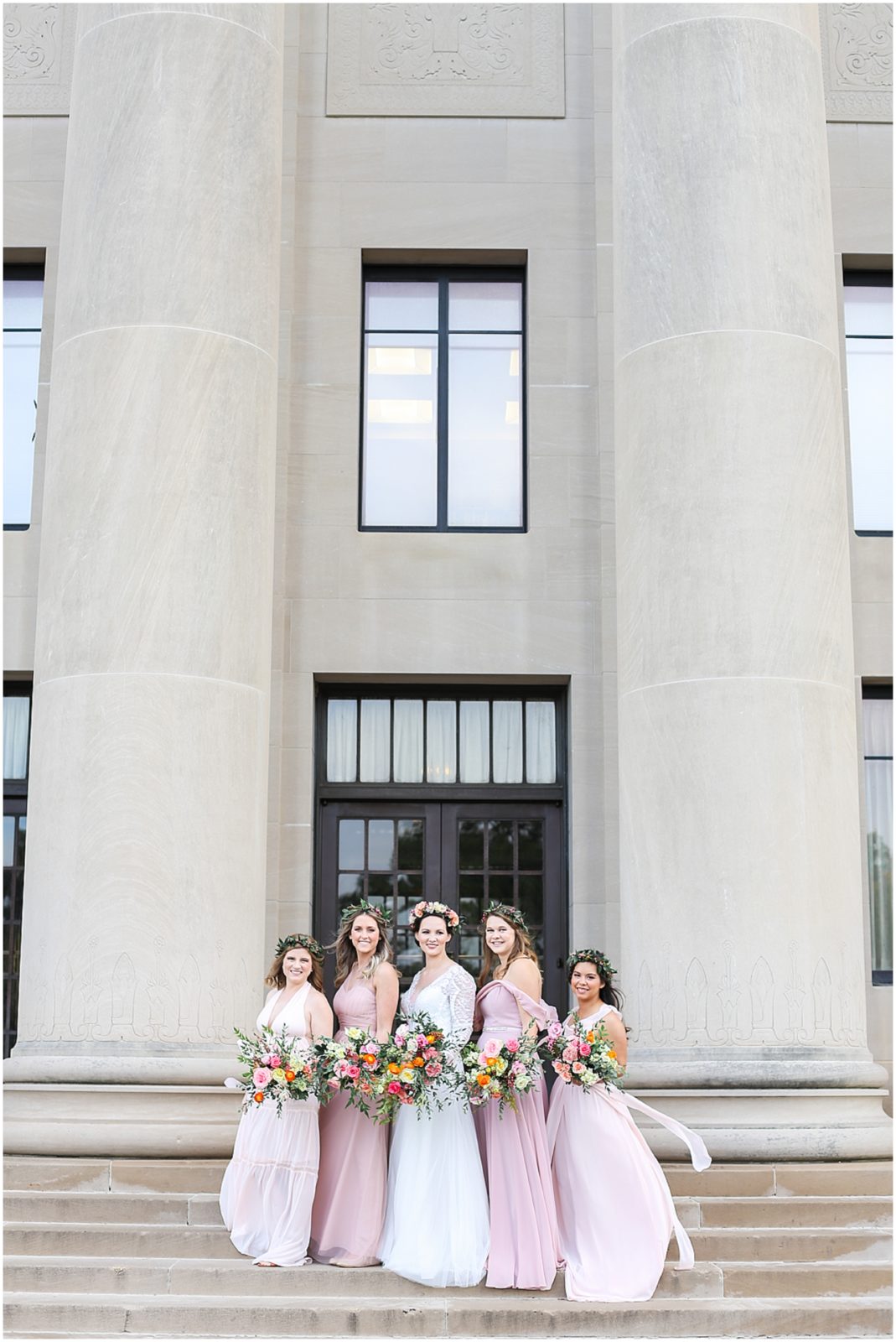 bridal party at nelson atkins museum in kansas city - wedding photographer mariam saifan - blush dresses - boho flower crown