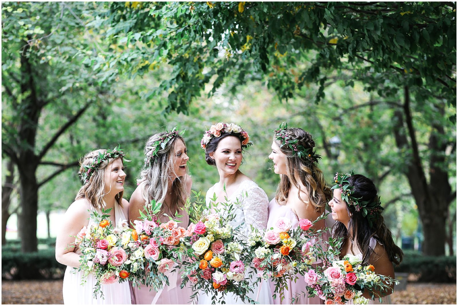 bella bridesmaids and altar bridal wedding dress Boho Bridesmaids Bride - Kansas City Nelson Atkins Museum - Bridal Party Portraits - Mariam Saifan Photography KC Wedding Photographer - Flower Crowns Blush Dresses