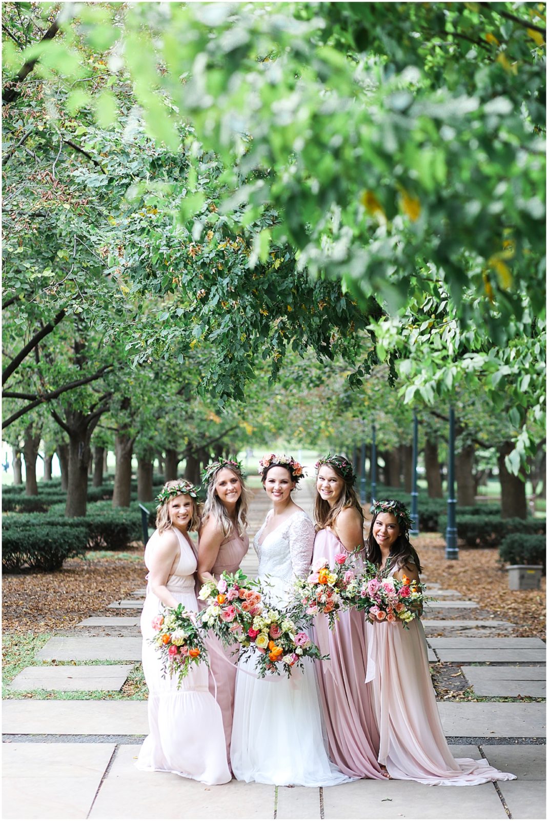 pretty blush dresses kansas city Boho Bridesmaids Bride - Kansas City Nelson Atkins Museum - Bridal Party Portraits - Mariam Saifan Photography KC Wedding Photographer - Flower Crowns Blush Dresses