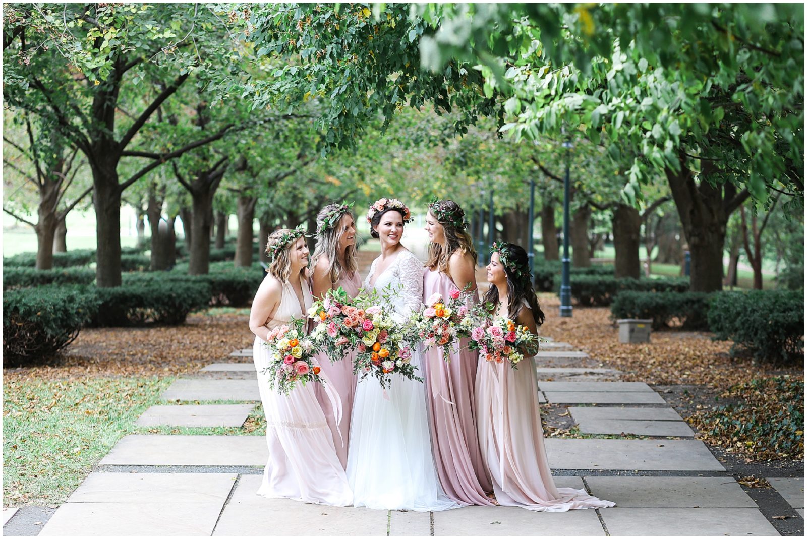 bridesmaids bridal party in kansas city Boho Bridesmaids Bride - Kansas City Nelson Atkins Museum - Bridal Party Portraits - Mariam Saifan Photography KC Wedding Photographer - Flower Crowns Blush Dresses