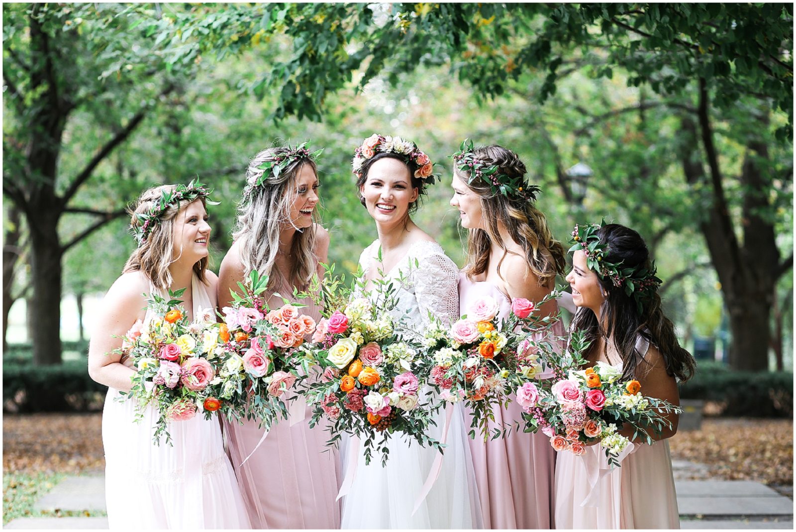 laughing bridesmaids Boho Bridesmaids Bride - Kansas City Nelson Atkins Museum - Bridal Party Portraits - Mariam Saifan Photography KC Wedding Photographer - Flower Crowns Blush Dresses