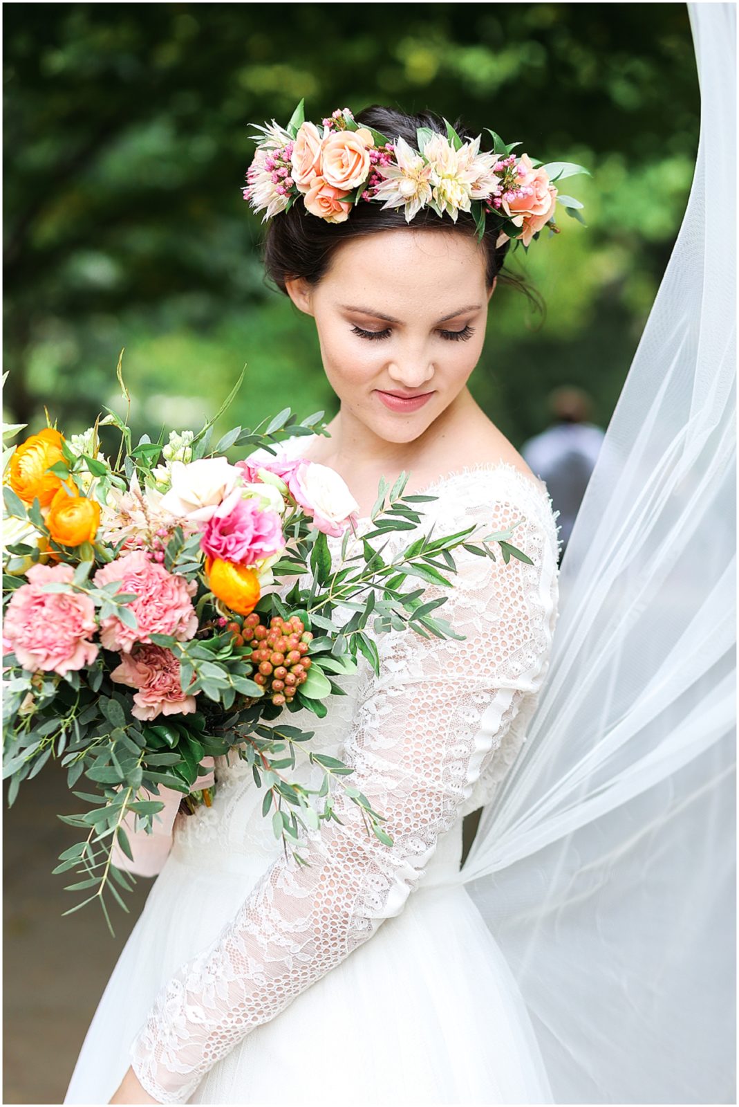 tropical wedding bouquet - lace wedding dress - boho flower crown - Boho Bridesmaids Bride - Kansas City Nelson Atkins Museum - Bridal Party Portraits - Mariam Saifan Photography KC Wedding Photographer - Flower Crowns Blush Dresses