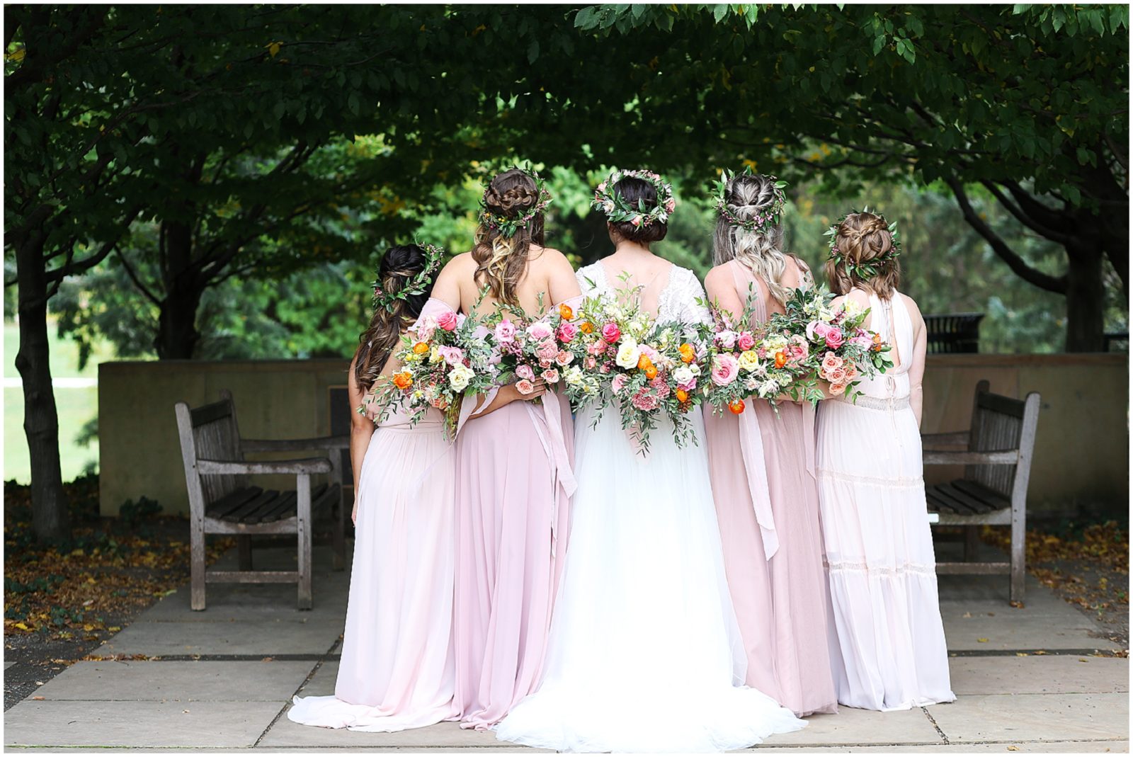 bridesmaids portraits ideas - outdoor bridal party photos Boho Bridesmaids Bride - Kansas City Nelson Atkins Museum - Bridal Party Portraits - Mariam Saifan Photography KC Wedding Photographer - Flower Crowns Blush Dresses