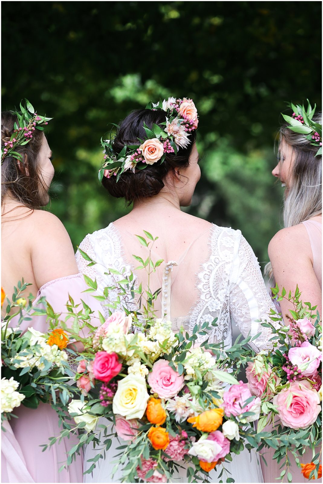 long hair braided hair bridesmaids ideas Boho Bridesmaids Bride - Kansas City Nelson Atkins Museum - Bridal Party Portraits - Mariam Saifan Photography KC Wedding Photographer - Flower Crowns Blush Dresses