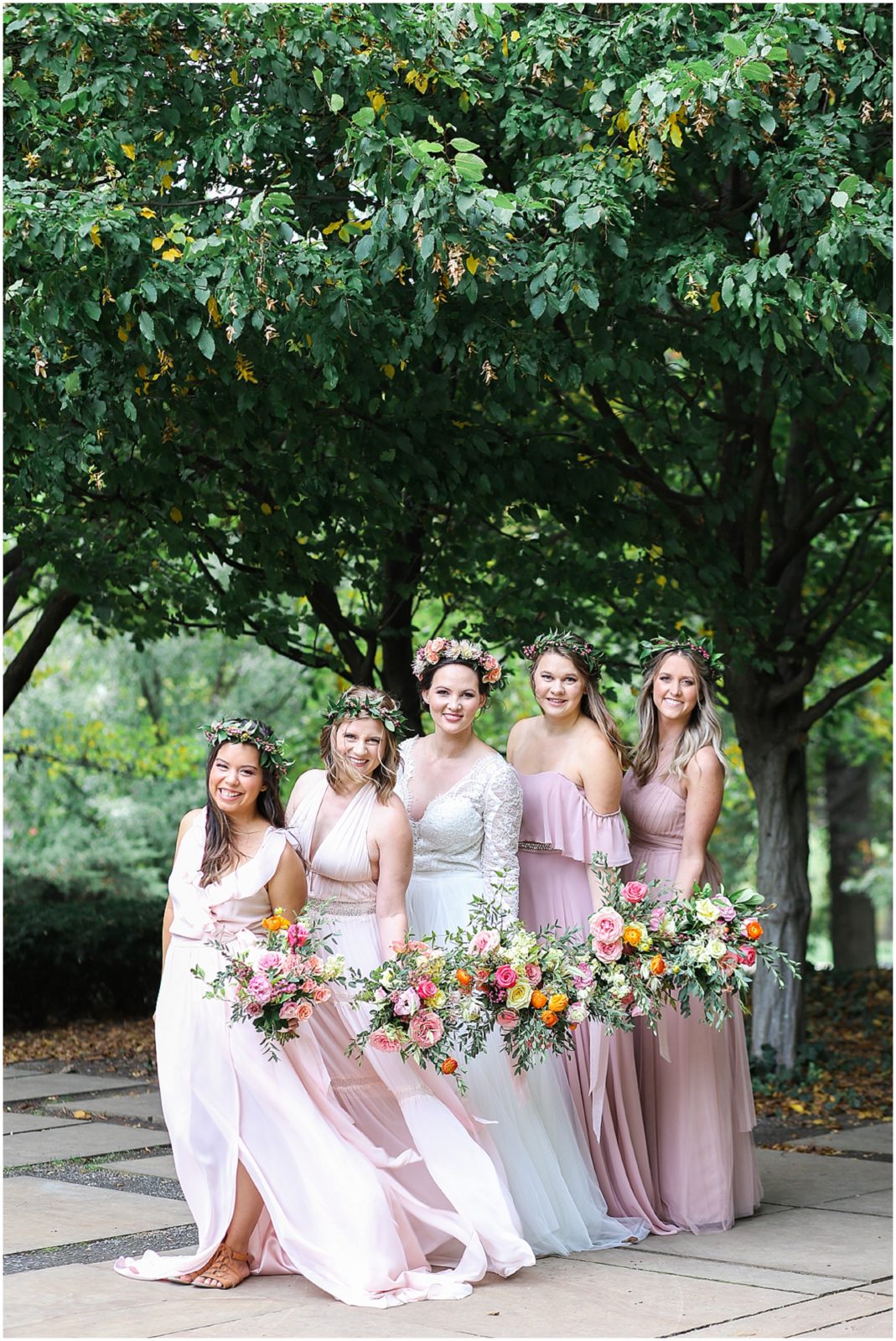 bridesmaids portrait ideas - Boho Bridesmaids Bride - Kansas City Nelson Atkins Museum - Bridal Party Portraits - Mariam Saifan Photography KC Wedding Photographer - Flower Crowns Blush Dresses