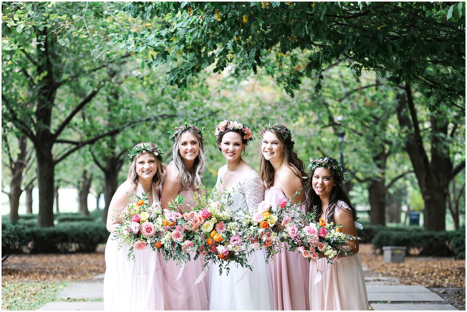 Smiling bridesmaids portraits - Boho Bridesmaids Bride - Kansas City Nelson Atkins Museum - Bridal Party Portraits - Mariam Saifan Photography KC Wedding Photographer - Flower Crowns Blush Dresses