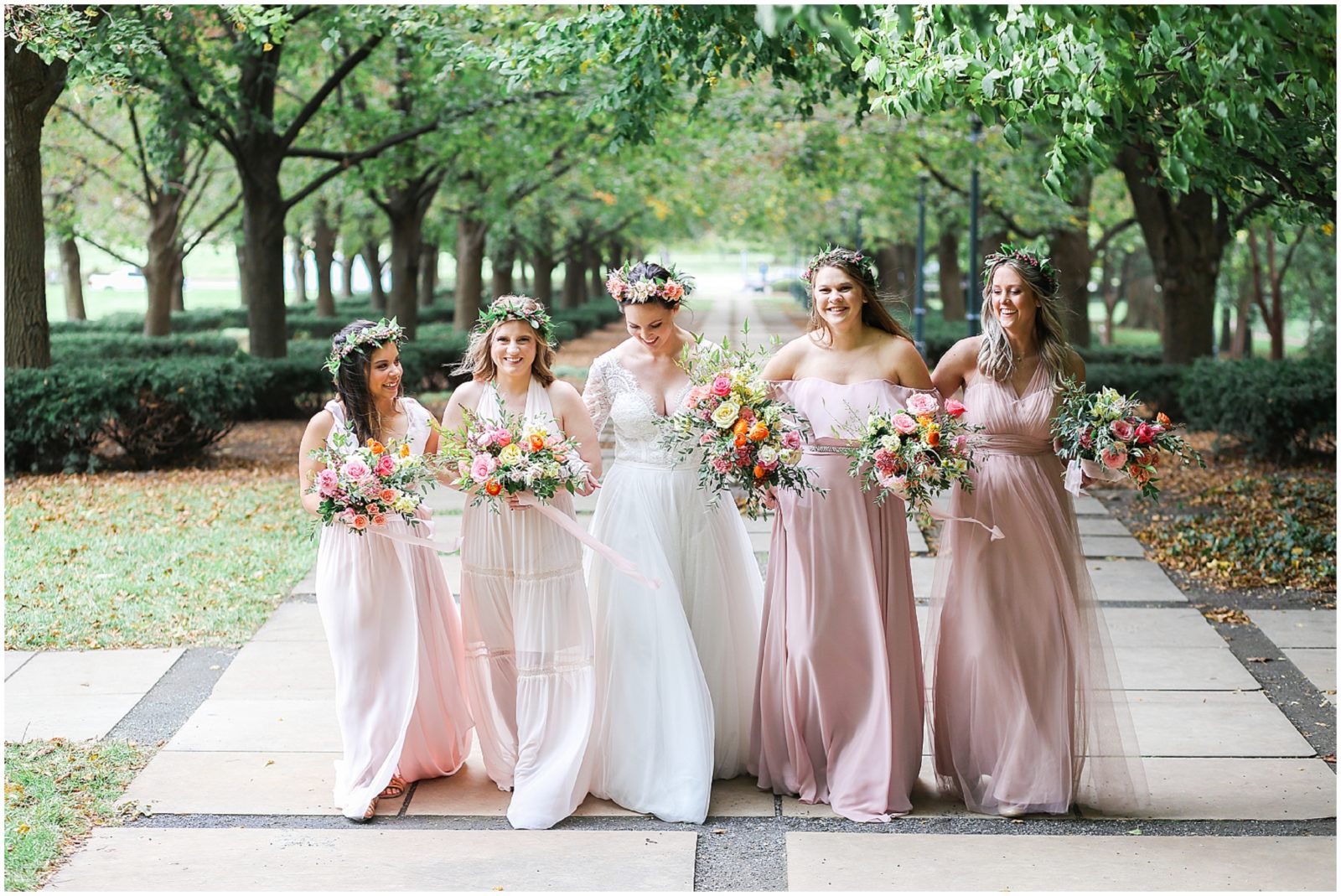 Walking Bridesmaids Boho Bridesmaids Bride - Kansas City Nelson Atkins Museum - Bridal Party Portraits - Mariam Saifan Photography KC Wedding Photographer - Flower Crowns Blush Dresses