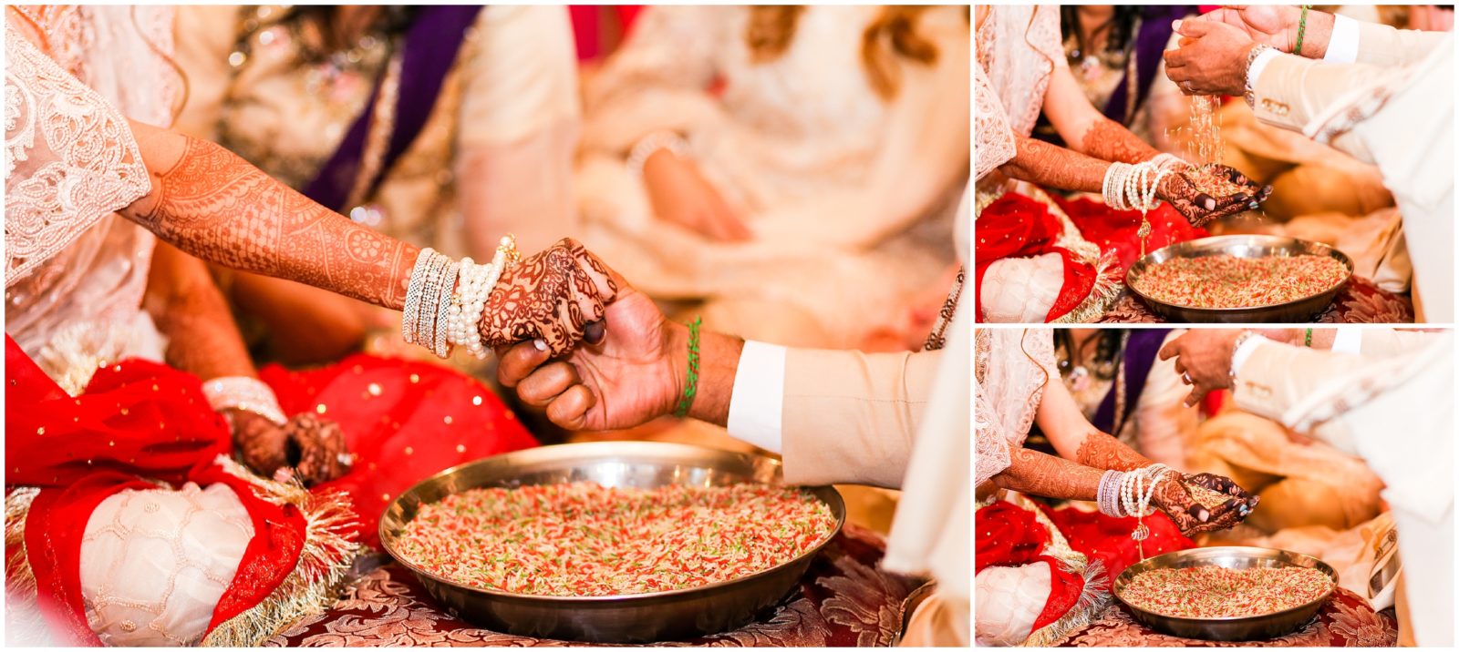 hands in rice indian - Indian Pakistani Wedding in Kansas City - Olathe Community Center - Indian Wedding Reception by Kiran Decor- Photography by Mariam - KC Wedding Photographer