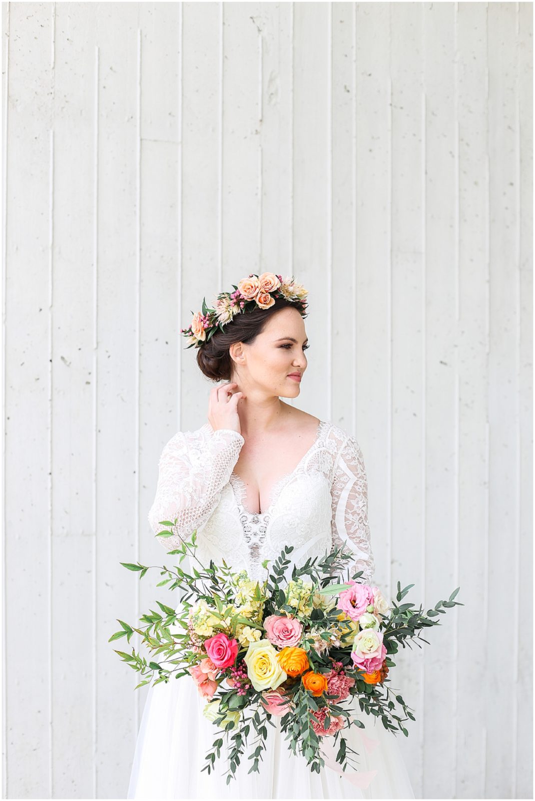 FLOWER CROWNS - FLOWER CROWN WITH BEAUTIFUL BRIDE IN LONG SLEEVE LACE WEDDING DRESS PHOTOGRAPHED AT THE KEMPER MUSEUM OF CONTEMPORARY ART IN KANSAS CITY - MARIAM SAIFAN PHOTOGRAPHY - DESTINATION FLORIDA AND KANSAS CITY WEDDING PHOTOGRAPHER