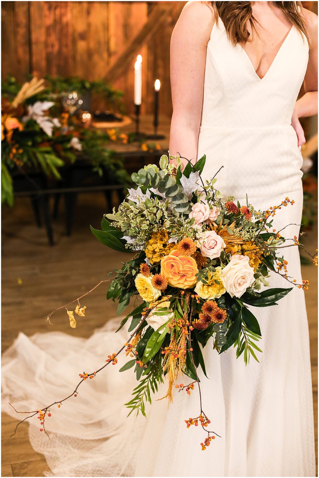 WARM ORANGE AND YELLOW FALL THEMED WEDDING DECOR AND WEDDING FLOWERS