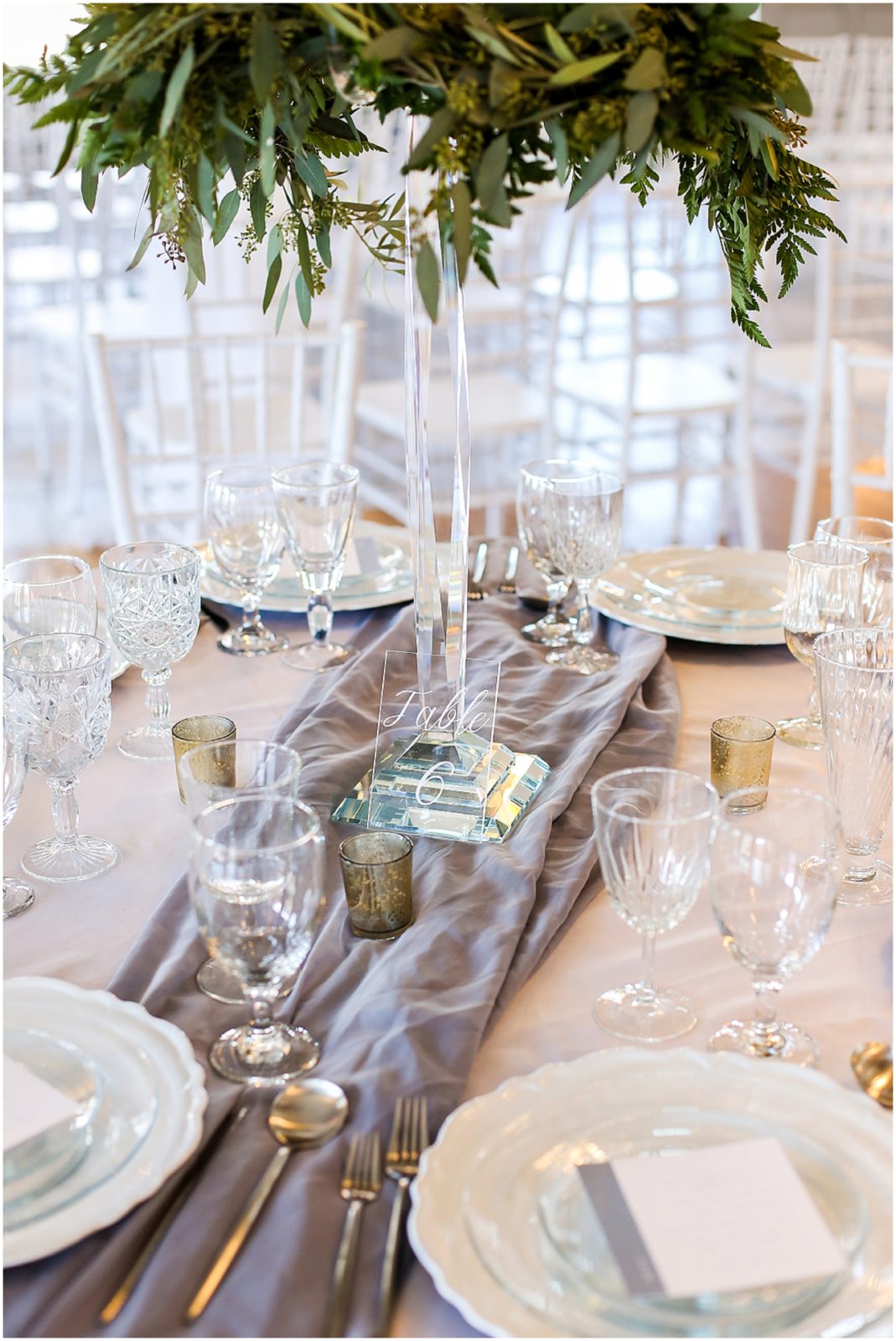 Table DECORATIONS WITH GLASS - Kansas City Wedding Venue - 1890 - The Fields at Eighteen Ninenty - Mariam Saifan Photography - Kansas City Portrait + Wedding Photographer - Wedding Planners in KC 