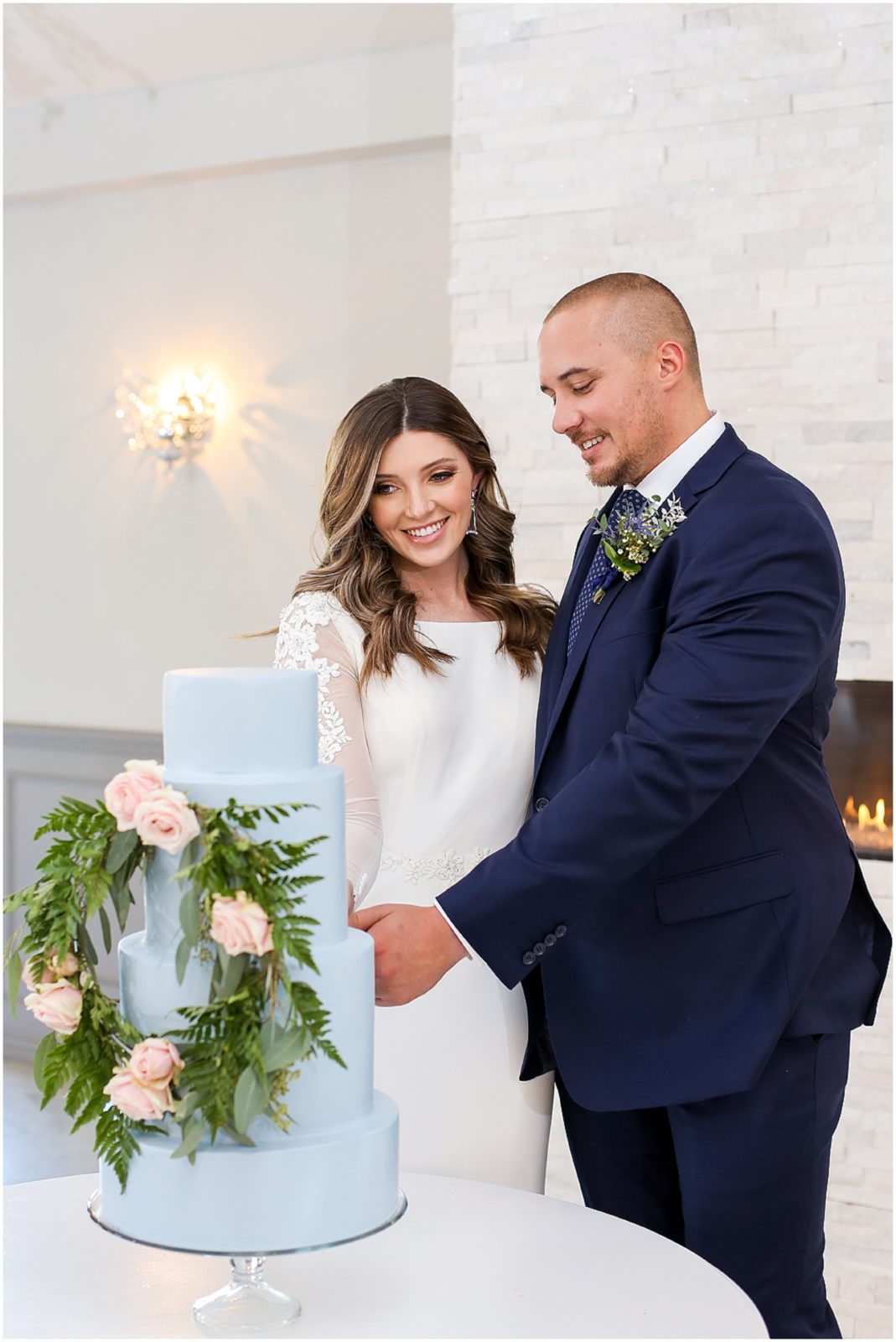 BLUE WEDDING CAKE - Kansas City Wedding Venue - 1890 - The Fields at Eighteen Ninenty - Mariam Saifan Photography - Kansas City Portrait + Wedding Photographer - Wedding Planners in KC 