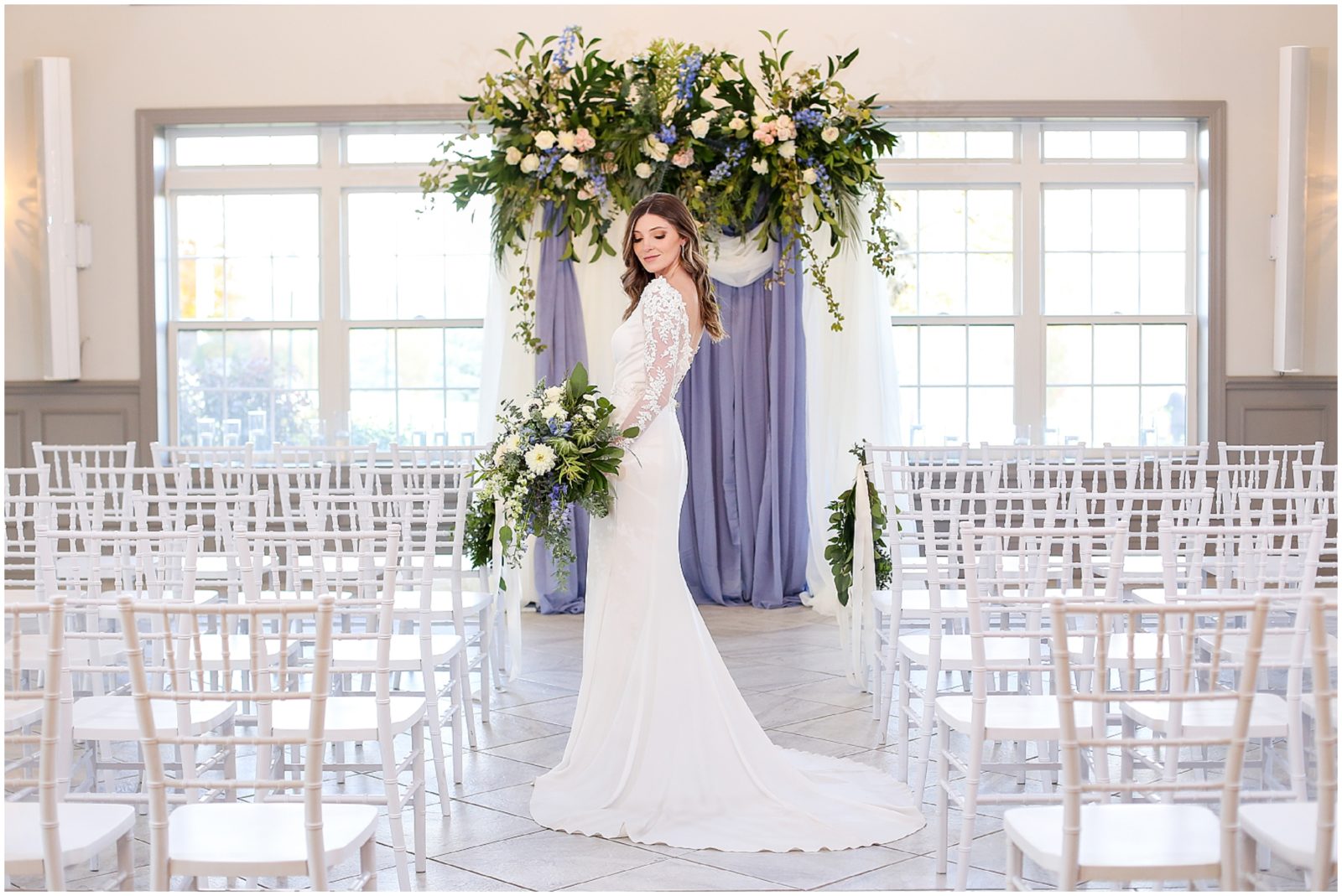 LONG SLEEVE WEDDING DRESS WITH BLUE AND WHITE FLOWERS