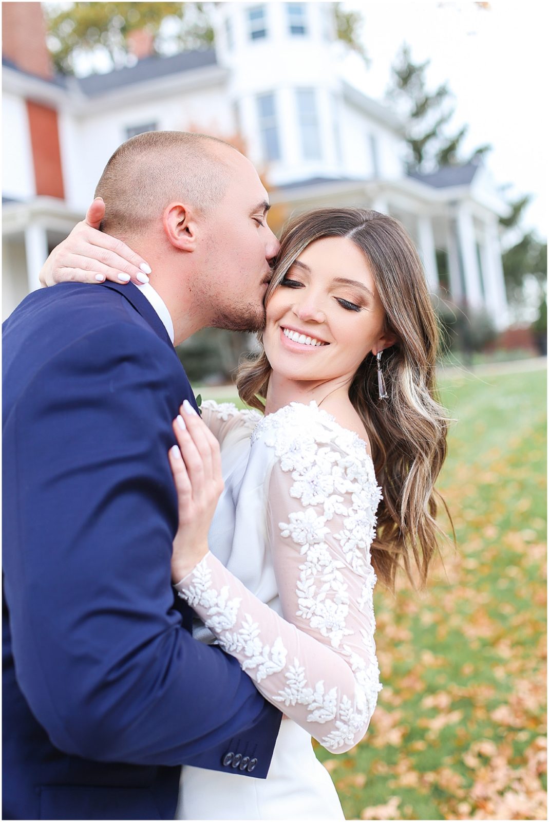 ADORABLE BRIDE AND GROOM AT 1890 WITH LONG SLEEVE WEDDING DRESS Kansas City Wedding Venue - 1890 - The Fields at Eighteen Ninenty - Mariam Saifan Photography - Kansas City Portrait + Wedding Photographer - Wedding Planners in KC 