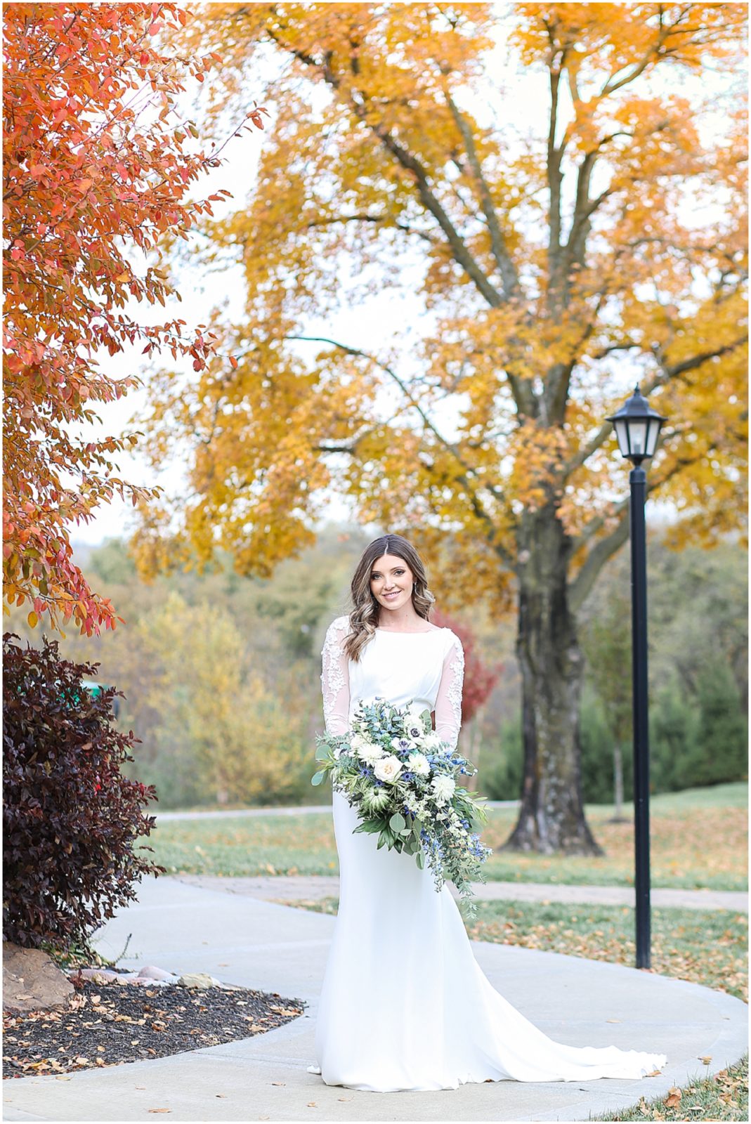 BLUE WEDDING BOUQUET - LONG SLEEVE WEDDING DRESS - Kansas City Wedding Venue - 1890 - The Fields at Eighteen Ninenty - Mariam Saifan Photography - Kansas City Portrait + Wedding Photographer - Wedding Planners in KC 