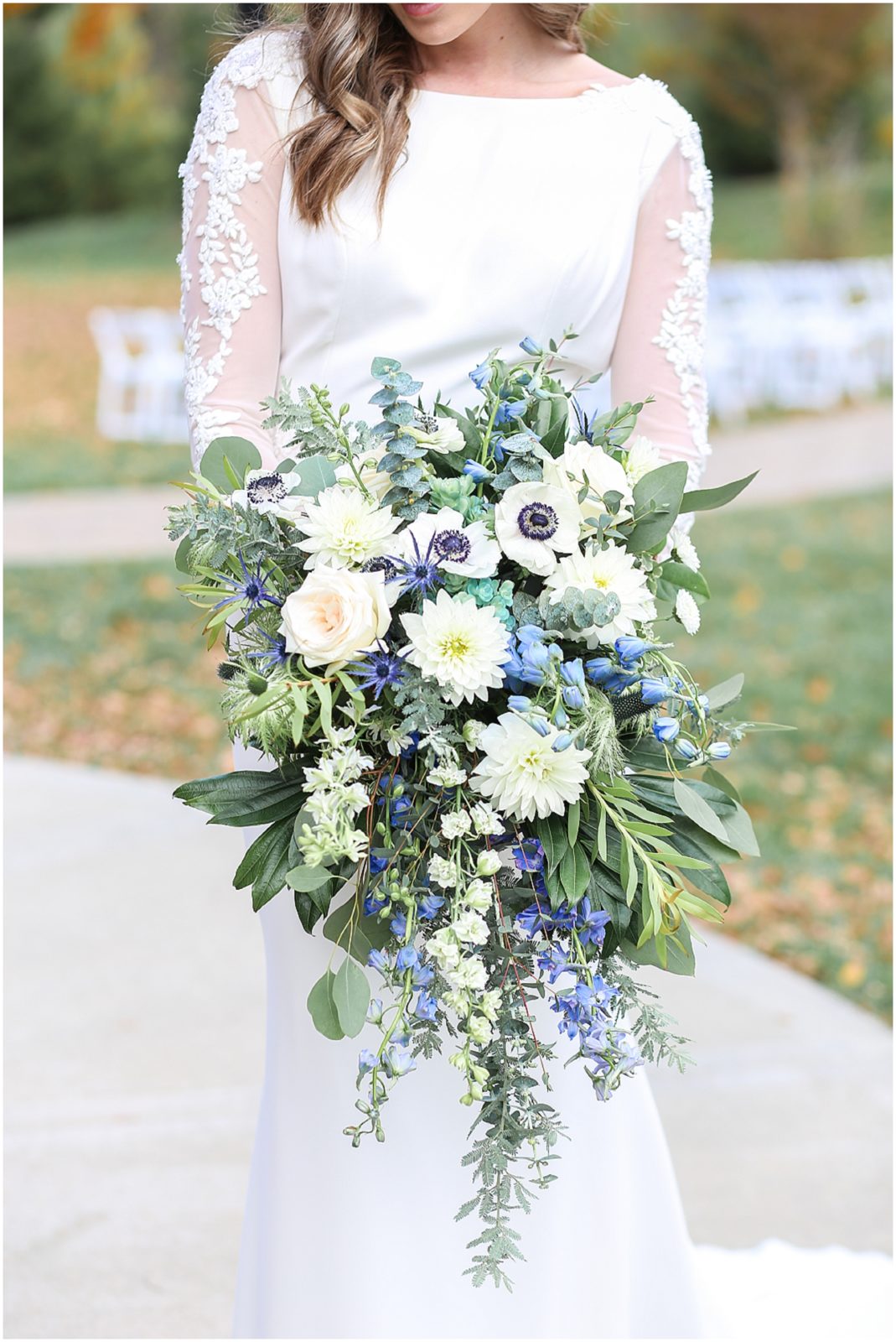 BEAUTIFUL BLUE WEDDING BOUQUET - WEDDING FLOWERS - WEDDING DECOR - Kansas City Wedding Venue - 1890 - The Fields at Eighteen Ninenty - Mariam Saifan Photography - Kansas City Portrait + Wedding Photographer - Wedding Planners in KC 