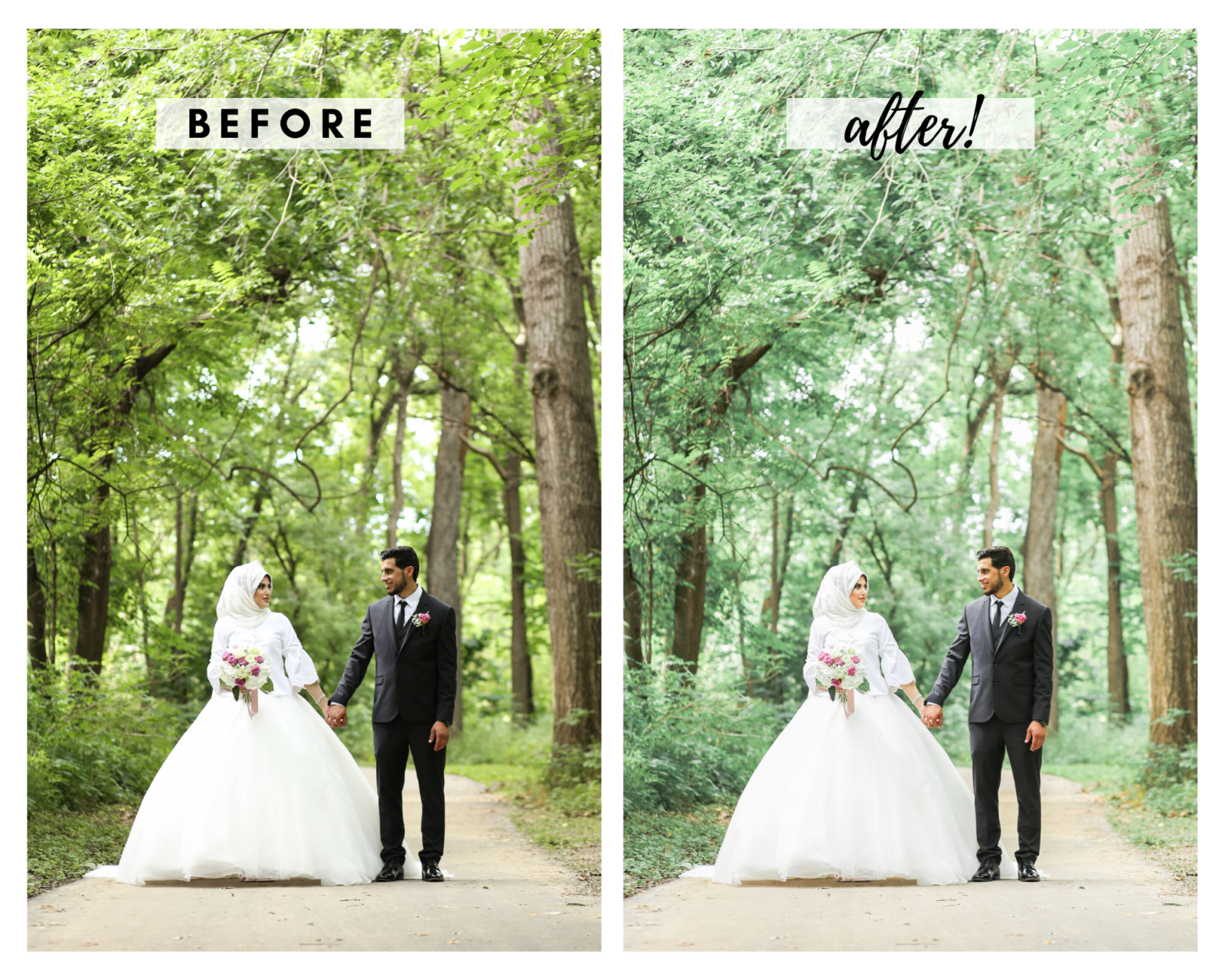 muslim arab wedding in overland park at the double tree - wedding venue - beautiful bride and groom - before and after of a lightroom preset by mariam saifan photography with vibrant colors and desaturated greens