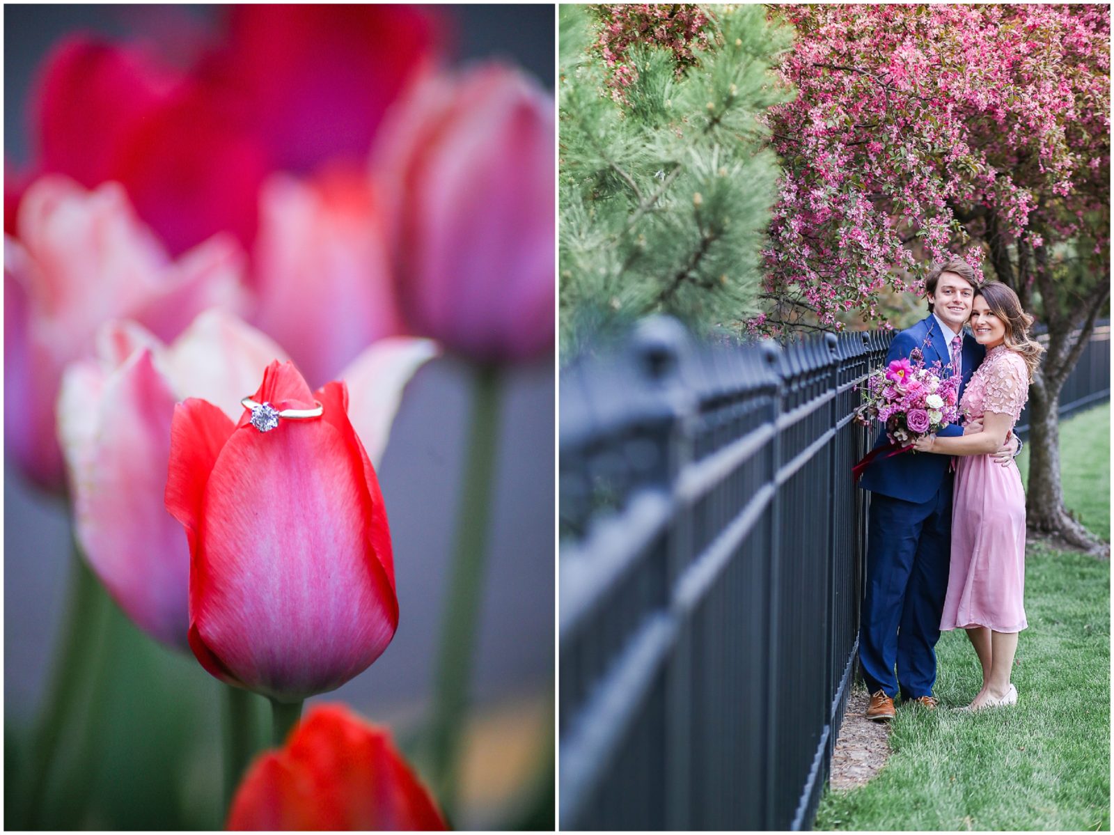 engagement ring on a tulip during the spring