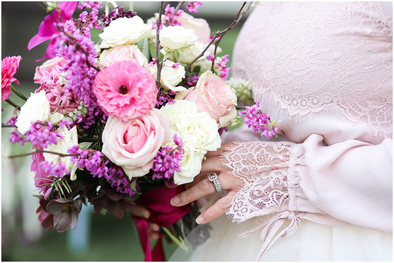 pink lace wedding dress with gorgeous pink white romantic wedding bouquet - wedding ring - muslim bride - kansas city wedding vendors