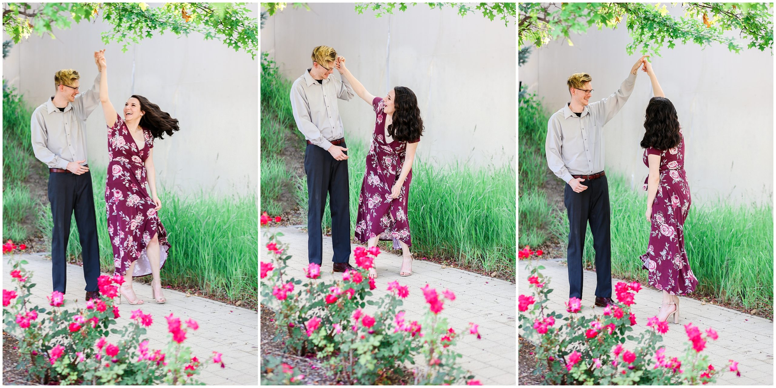 cute couple dancing for their engagement photos 