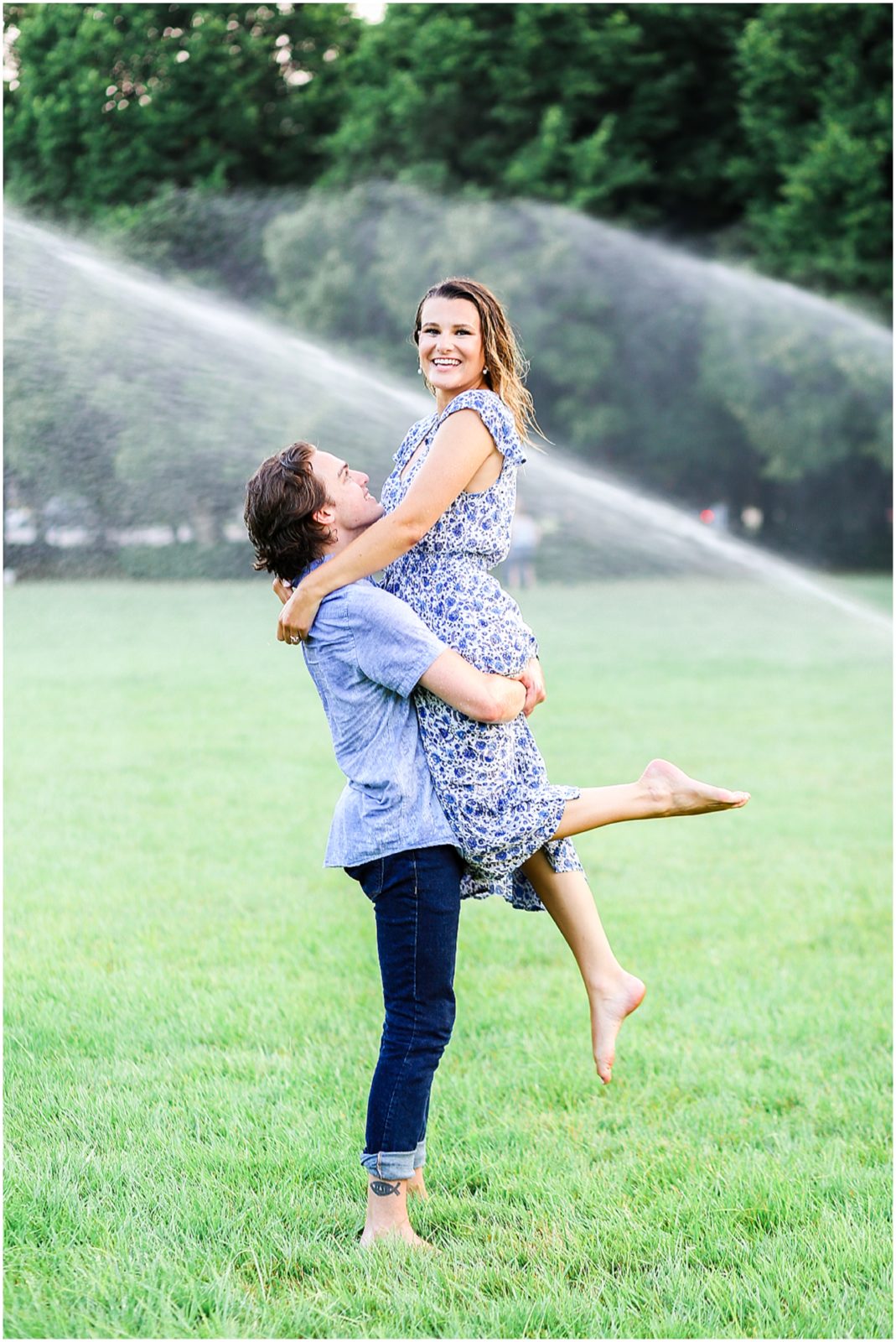 couple running the rain for their engagement photos - fun photos - fun photographer - luxury weddings - hawthorne house - missouri