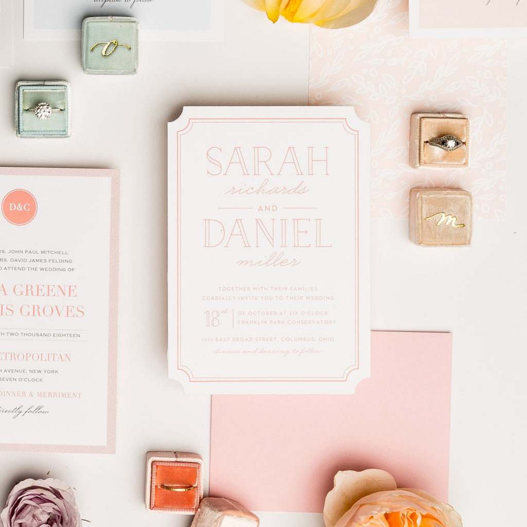 pink wedding invitation and flat lays - unlimited colors at basic invite