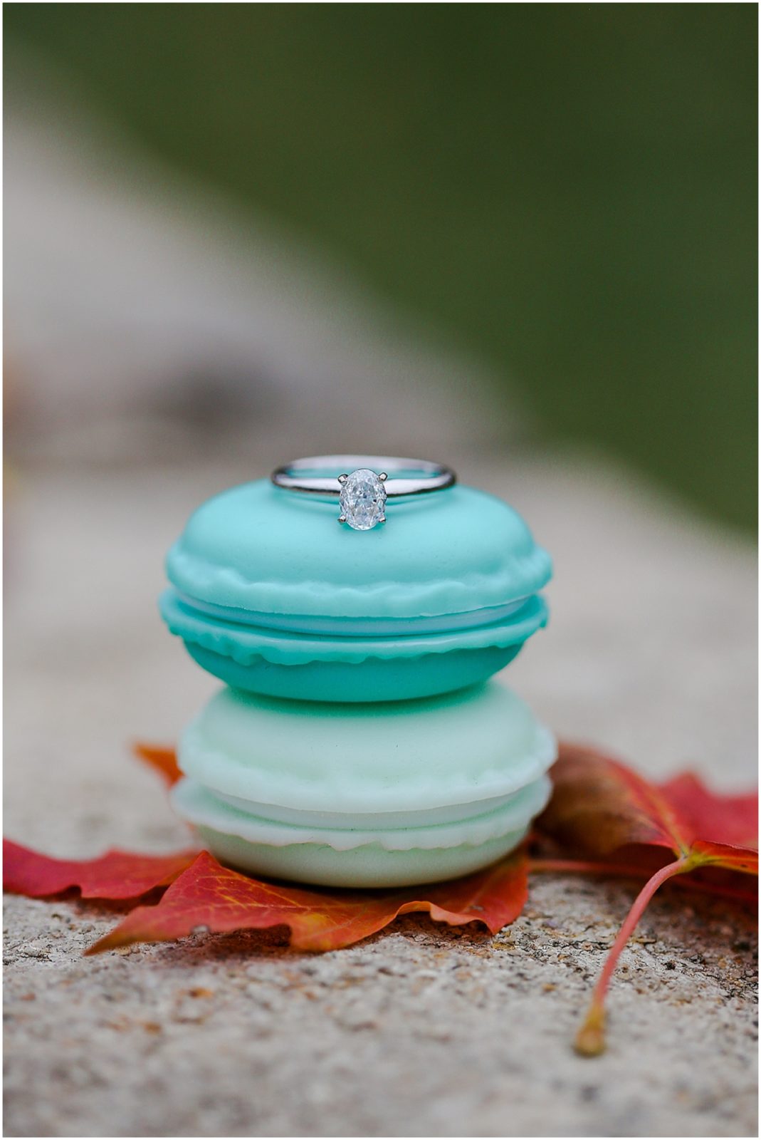 wedding ring on macaroons - engagement photos 