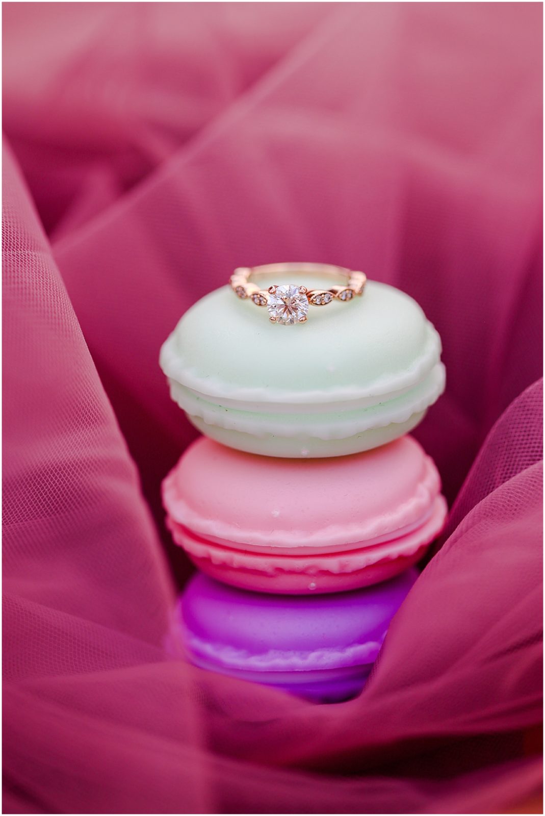 engagement ring detail photos on macaroons