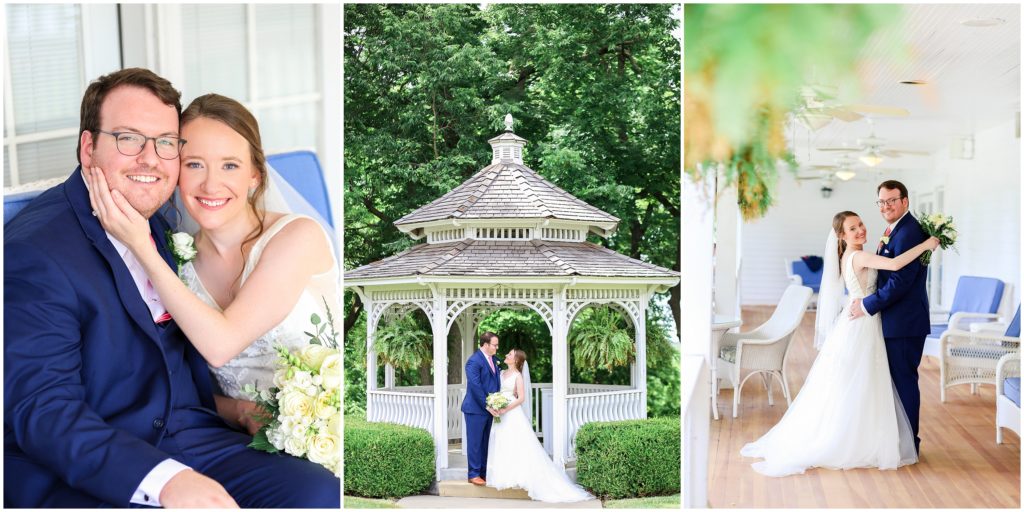 bride and groom portraits under gazebo at the hawthorne house 