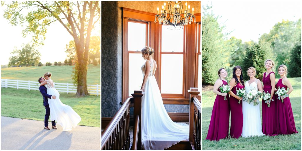 maroon bridal party dresses - bride looking out window at 1890 - eighteen ninety - groom lifting up bride at sunset 