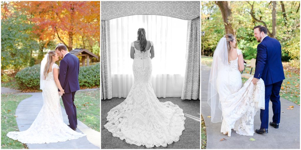 Wedding at the Elms - fall wedding - bride looking out the window with a lace wedding dress - groom laughing and carrying brides dress 