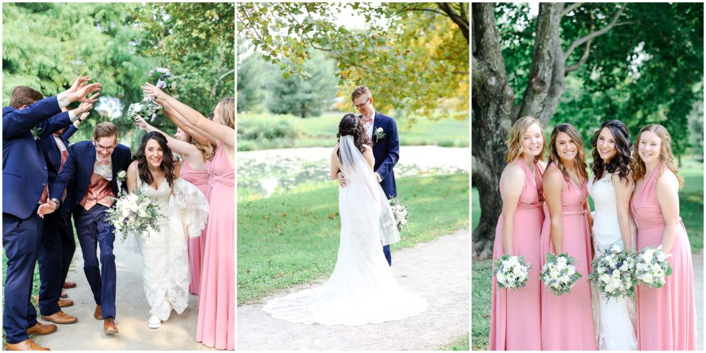 pink bridal party dresses - bride and groom having fun with their wedding portraits 