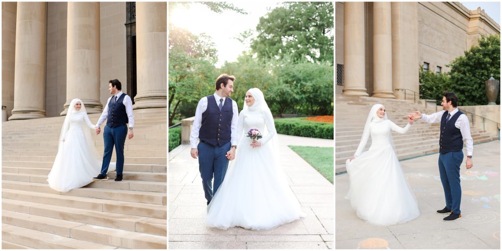 bride and groom walking holding hands and dancing 