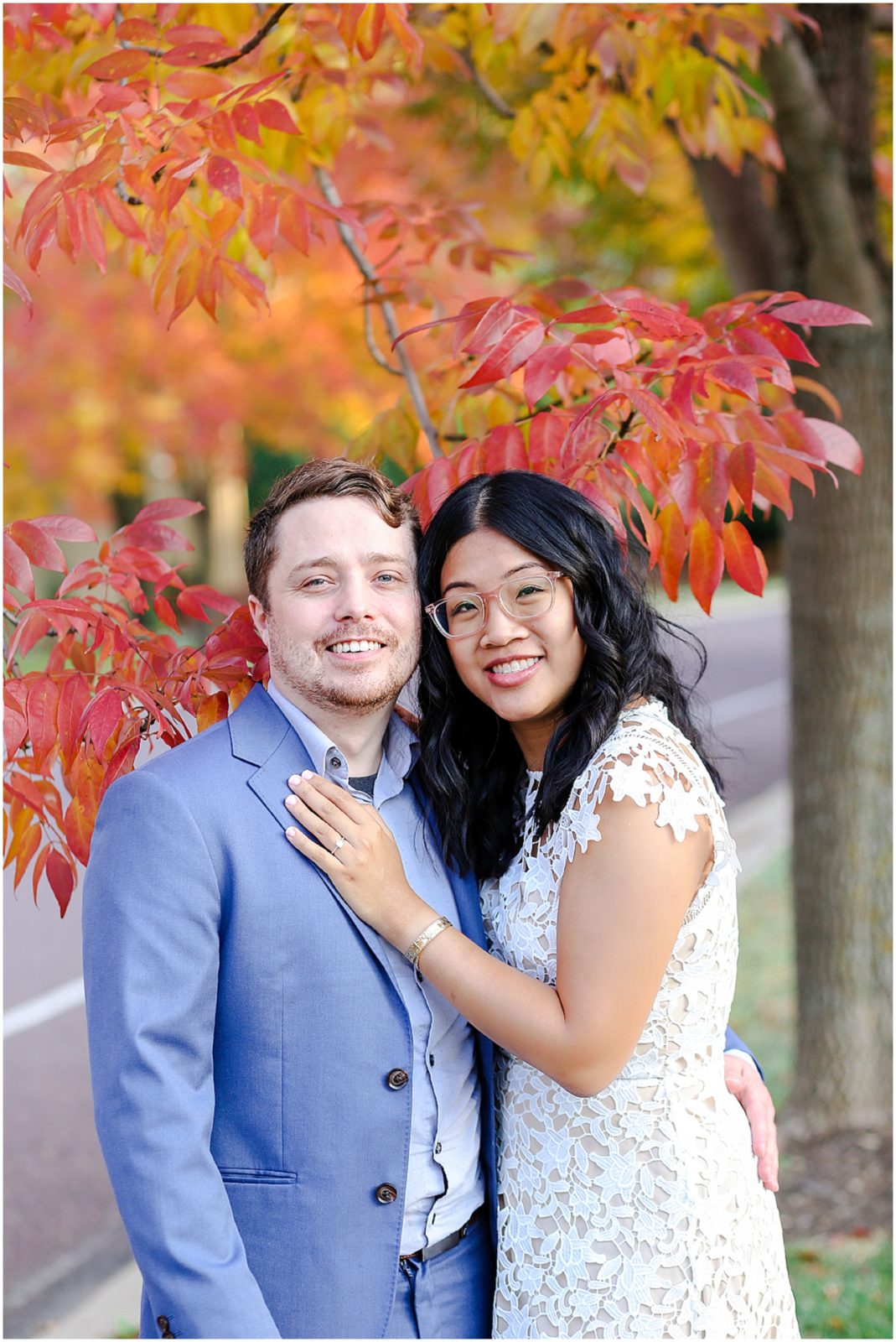 happy couple - how to pose for engagement photos - what to wear for engagement photos - fall foliage - fall engagement photos in kansas city and overland park 