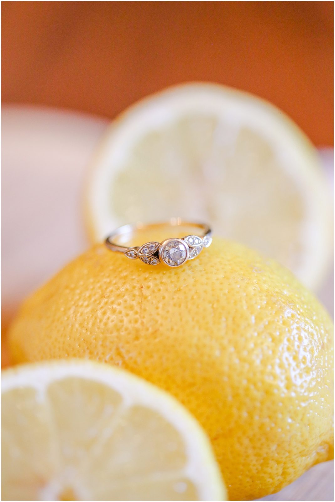 engagement ring on a lemon - engagement photographer
