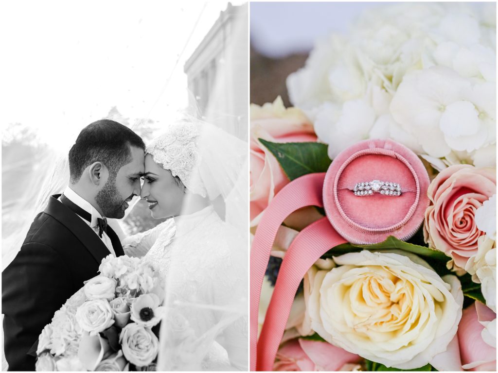 black and white wedding photo - pink wedding ring box 