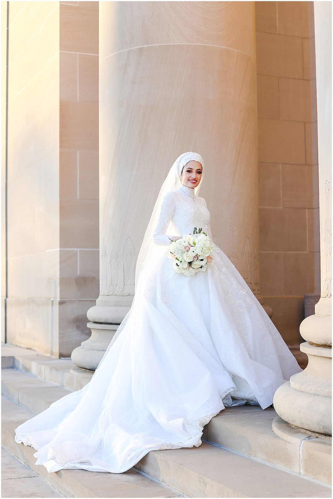 hijabi muslim bride with long sleeve lace wedding dress at nelson atkins museum kansas city 