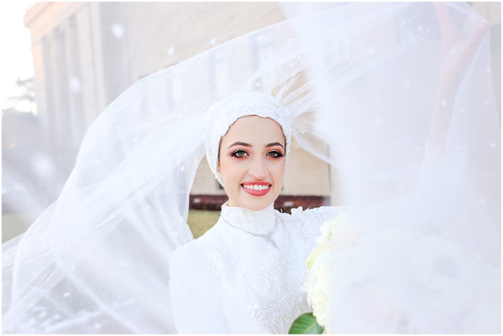 hijabi muslim bride with long wedding veil - wedding photo idea - kansas city 