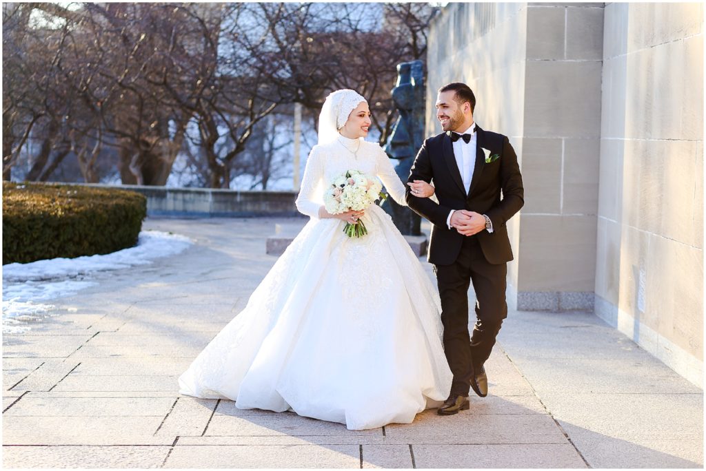 sunset photo bride and groom walking