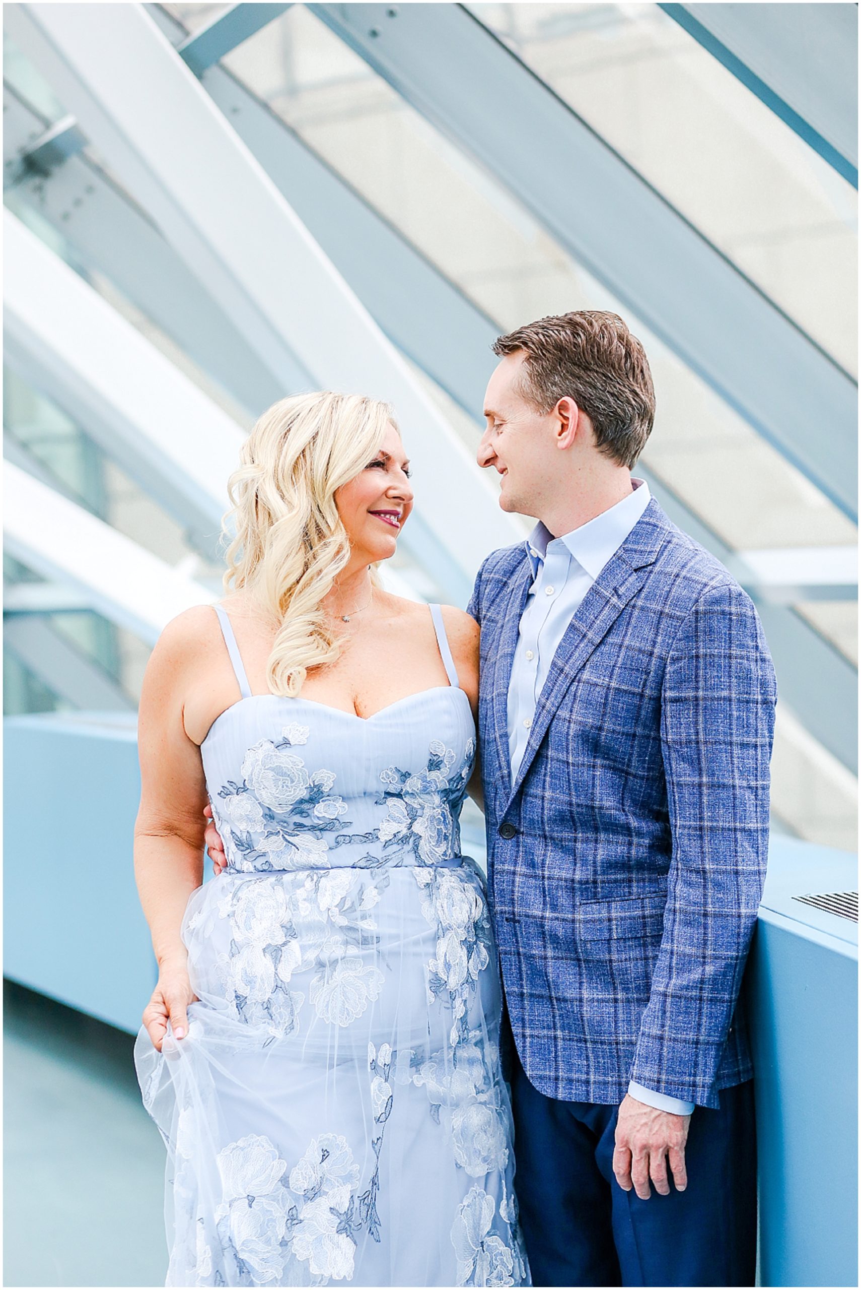 happy engagement photos - looking at each other
