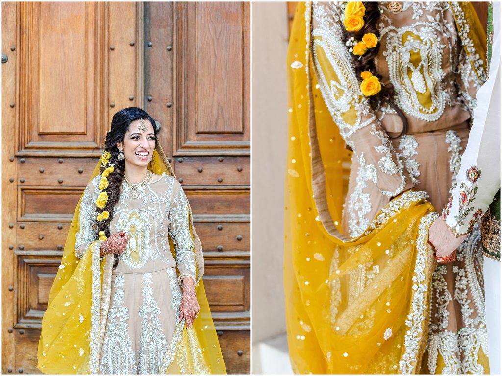 beautiful pakistani indian bride mehndi outfit and makeup wearing yellow