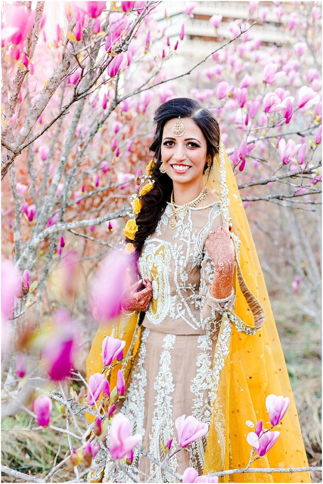 spring flowers with yellow dress - stl hyatt wedding reception