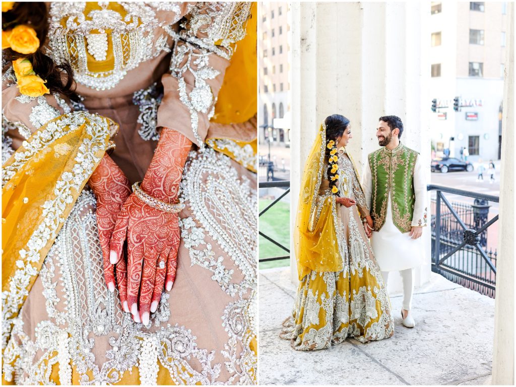 bride and groom and henna mehndi hands