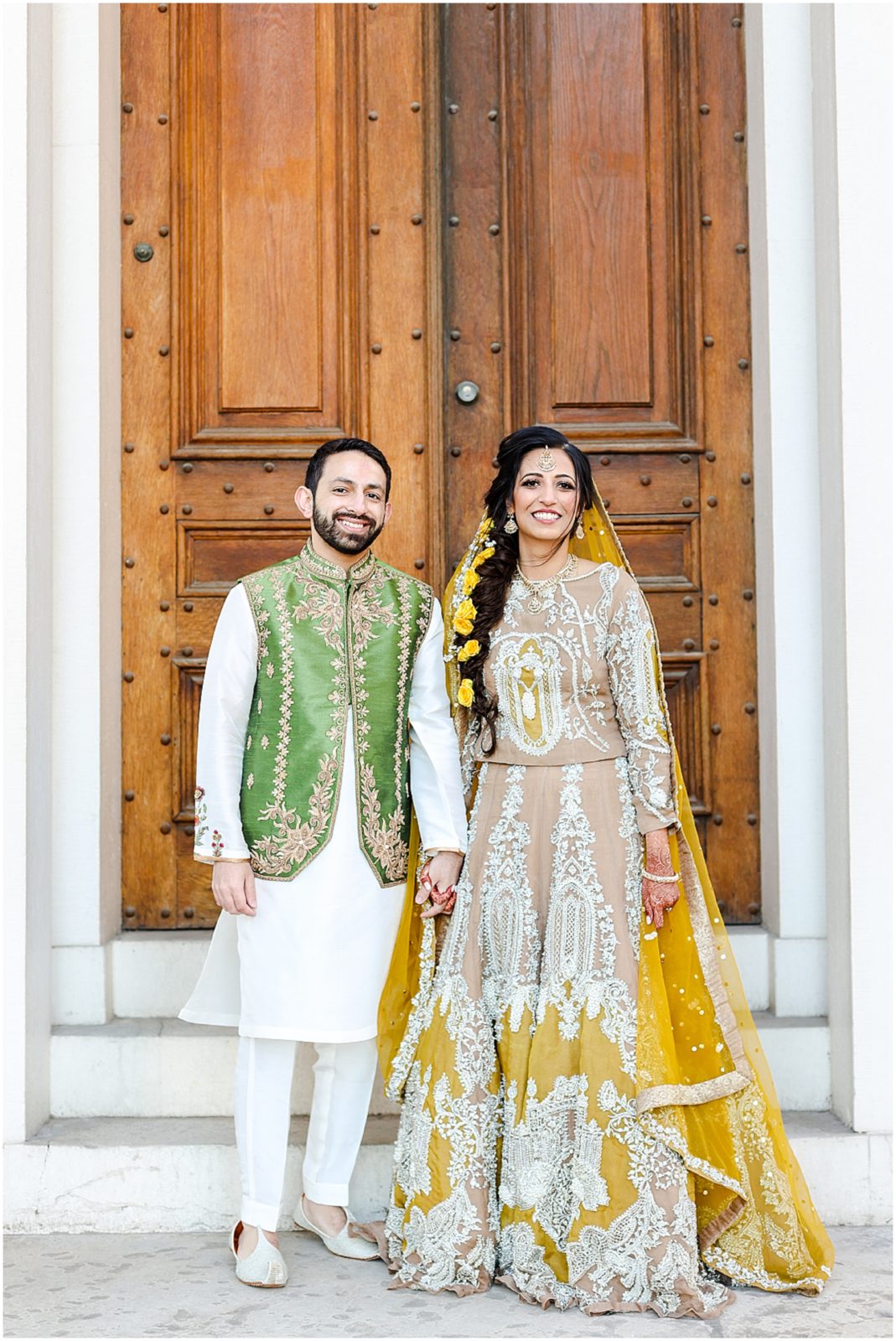 beautiful bride and groom pakistani indian wedding at front door - stl